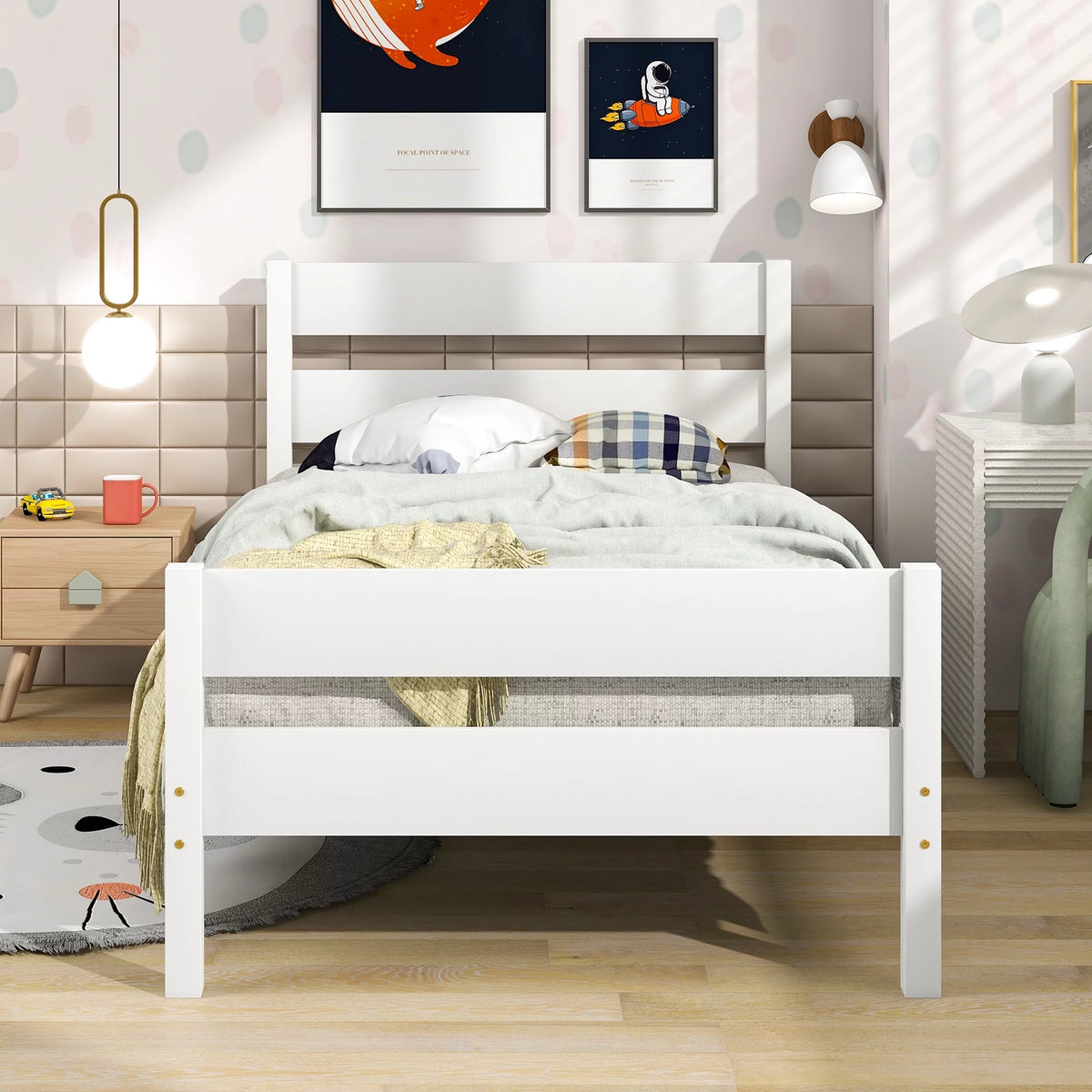 White Twin Wood Bed Frame with Headboard & Footboard Y41076