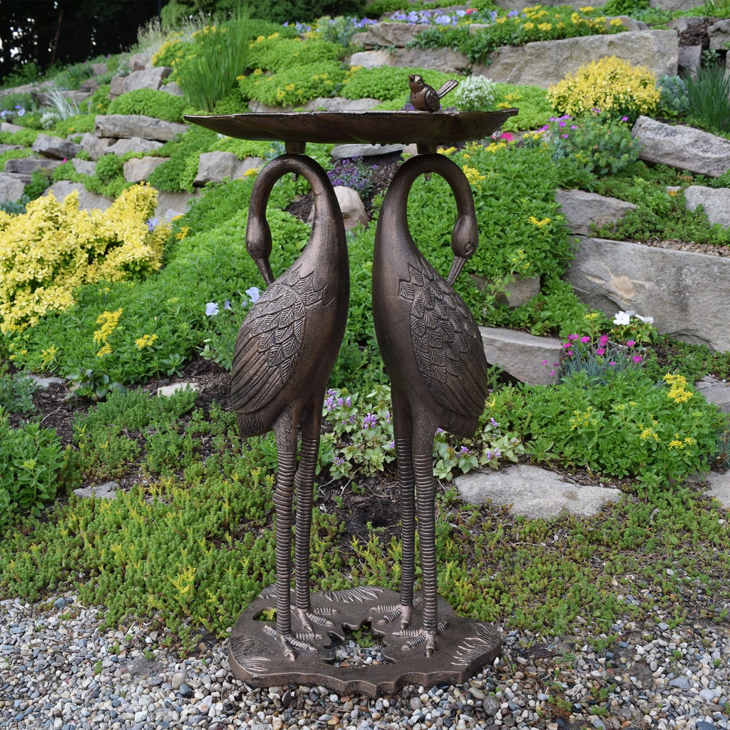 Cast Aluminum 30-in Twin Crane Bird Bath with Leaf Bowl G503