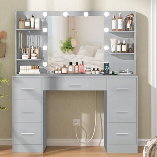 White Large Vanity Desk with LED Lighted Mirror & Power Outlet, 7 Drawers, 4 Shelves and 5 Hooks S595
