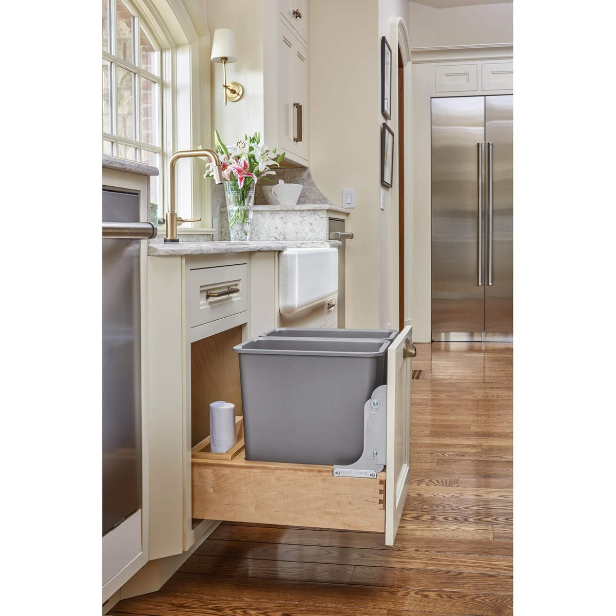 Double 35-Quart Maple Bottom Mount Pullout Waste Container Trash Cans A8392