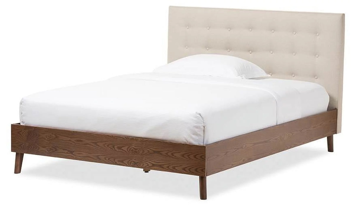 Mid-century Modern Fabric Upholstered Walnut Wood Platform Bed M175