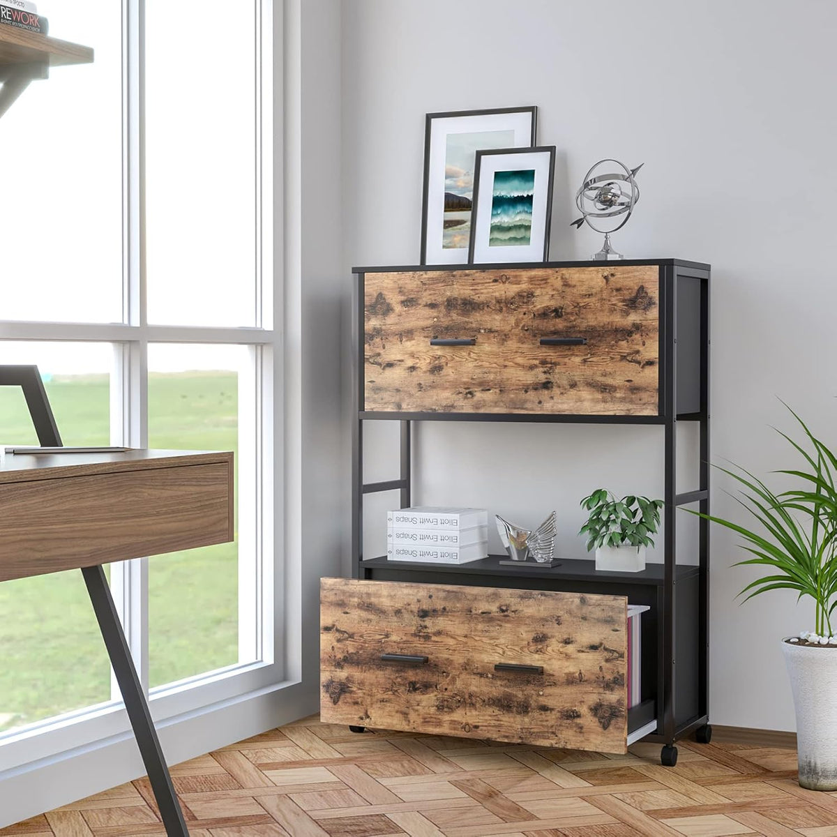 2 Drawer File Cabinet with Bookshelf, Rustic Brown D338186
