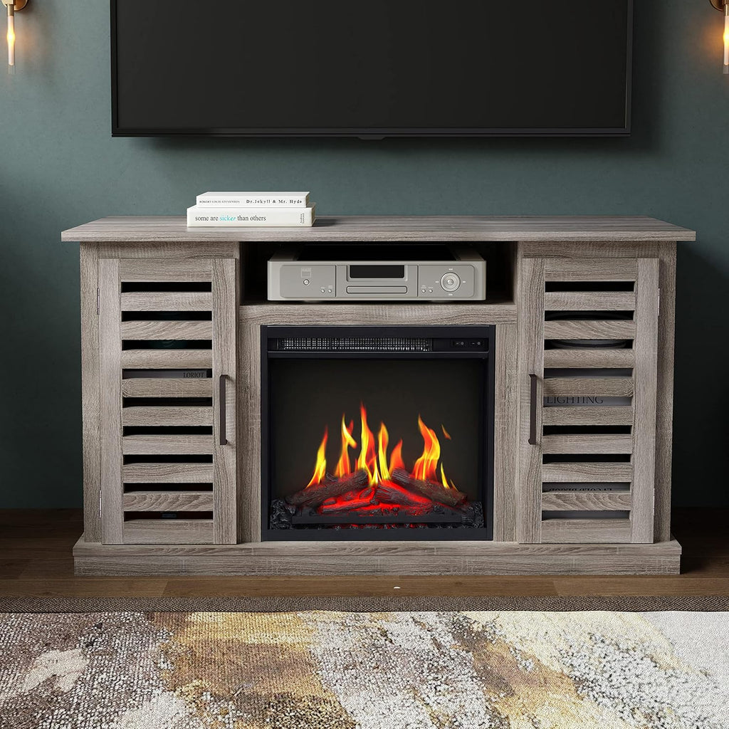 3D Fireplace TV Stand with 6 Storage Shelves & Barn Door F6007