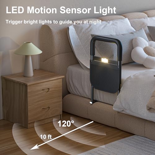 Adjustable Heights Bed Cane with Storage Pocket, Non-Slip Handle, Motion Sensor Light, Bed Handrails D769481