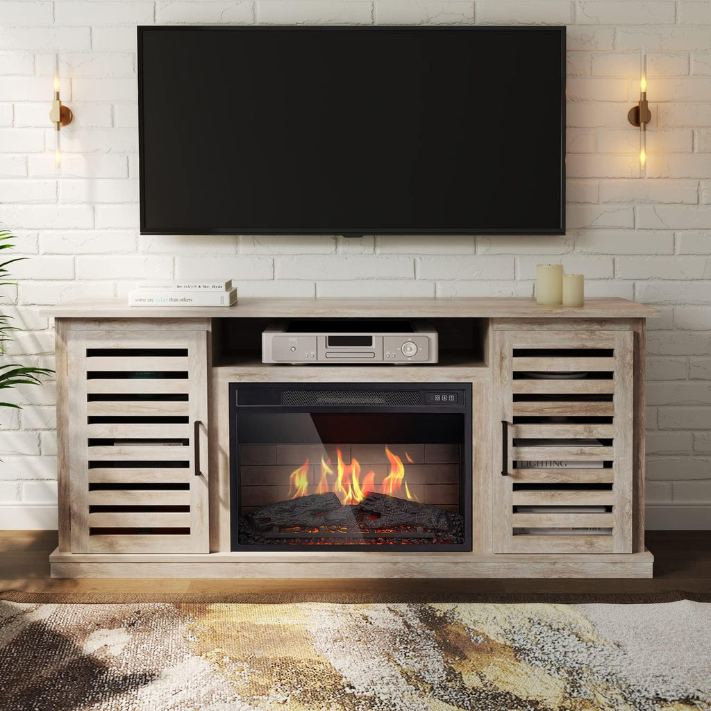 3D Fireplace TV Stand with 6 Storage Shelves & Barn Door F6007