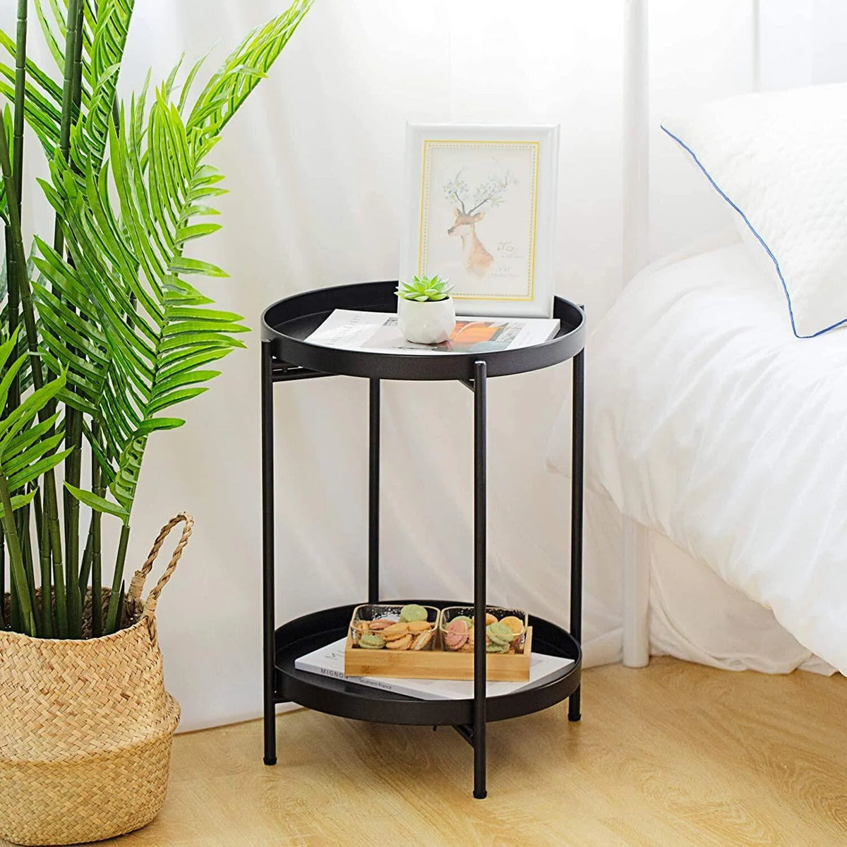 2 Tier Metal Waterproof End Table with Removable Tray B703