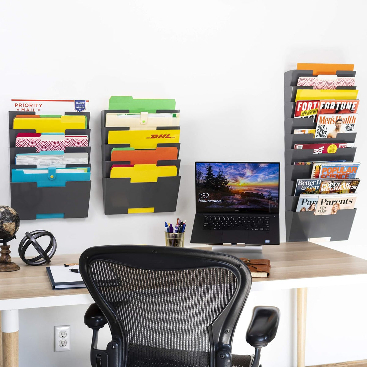 Gray Wall Mount Steel Vertical File Organizer 10 Sectional Pack of 2 O1213