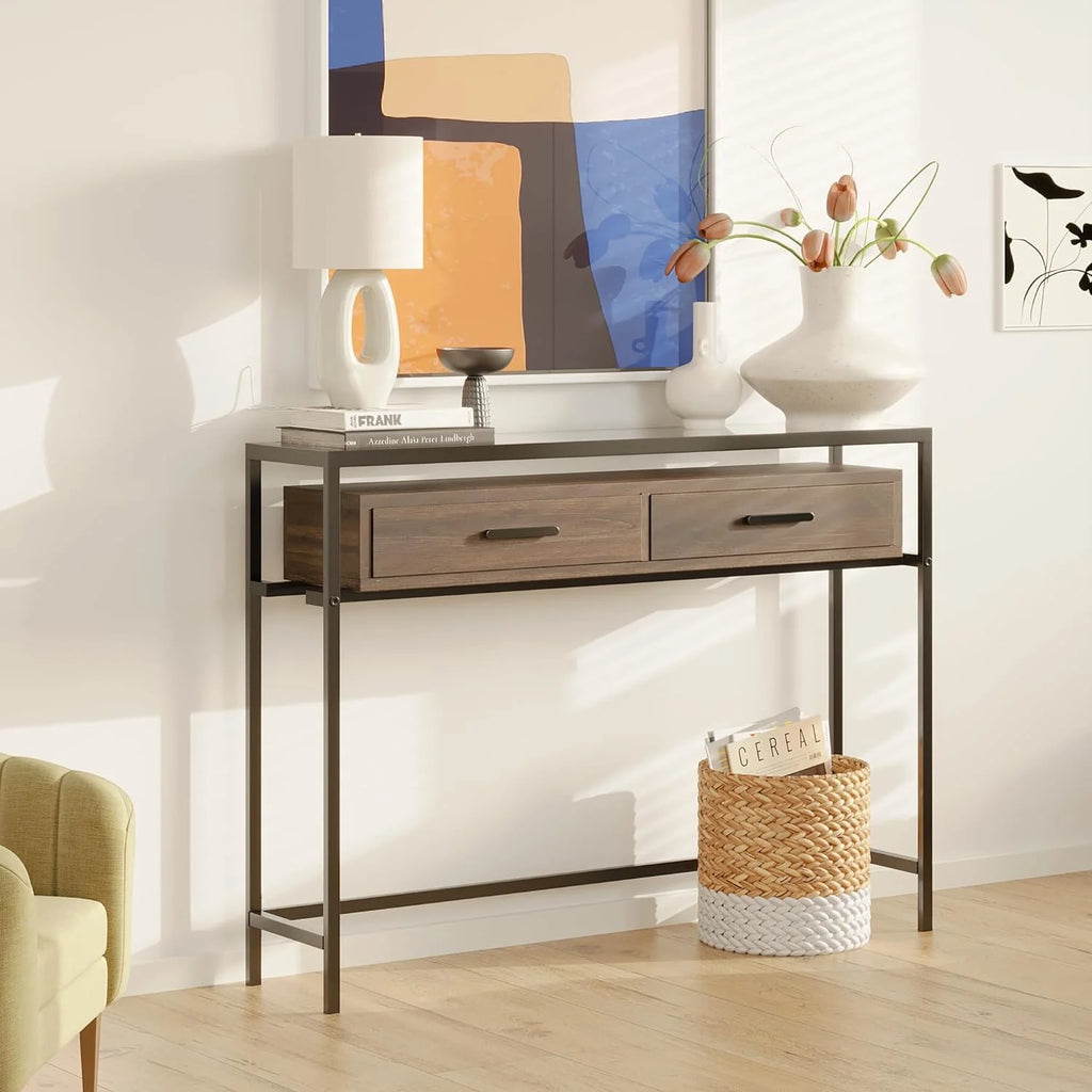 43 Inch Narrow Console Table with 2 Drawers Glass Top Z241017