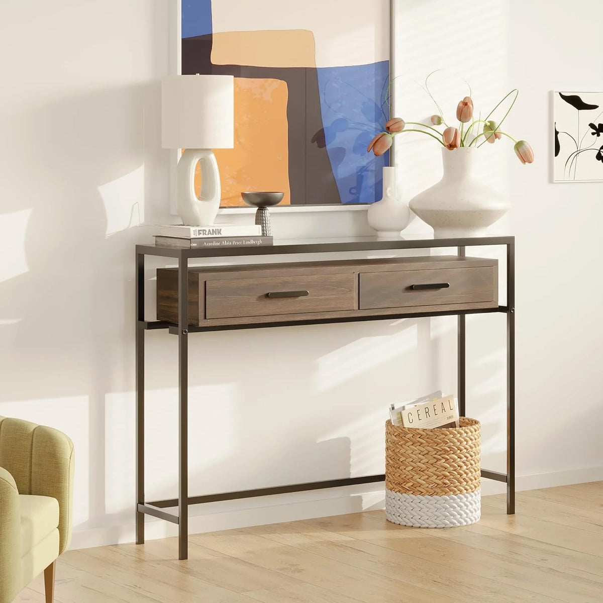 43 Inch Narrow Console Table with 2 Drawers Glass Top Z241017