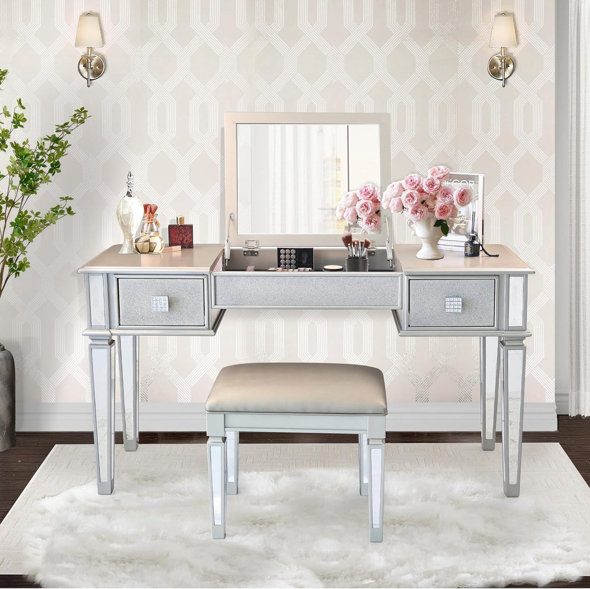 Mirrored Vanity Desk with Drawers and Stool A46472