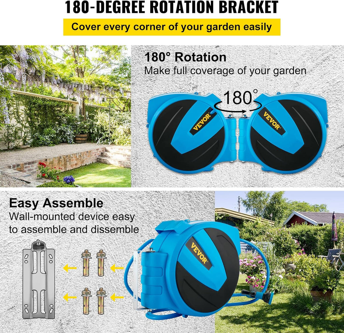 Retractable Wall Mounted Garden Hose Reel, 5/8 inch x 65 ft, Blue, Pack of 2 J2816