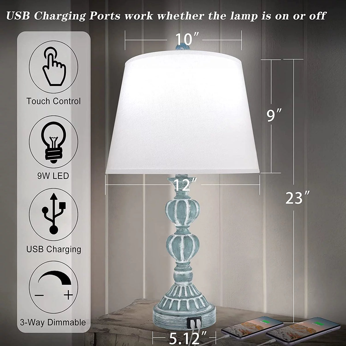 Touch Control Table Lamp Set of 2, 3-Way Dimmable Blue N602