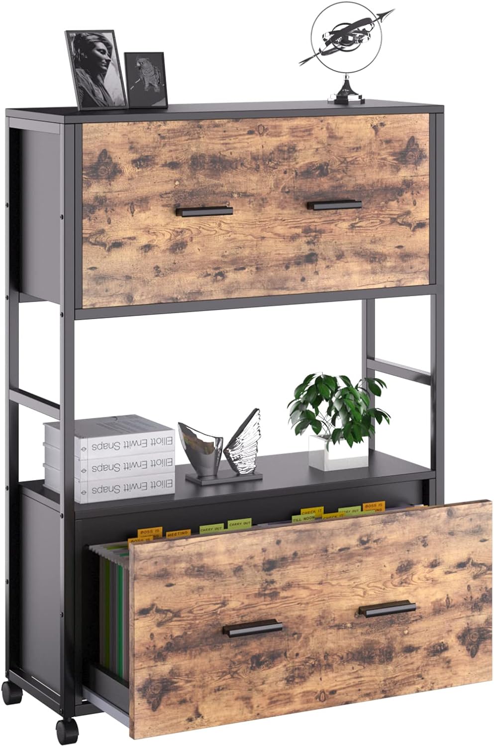 2 Drawer File Cabinet with Bookshelf, Rustic Brown D338186