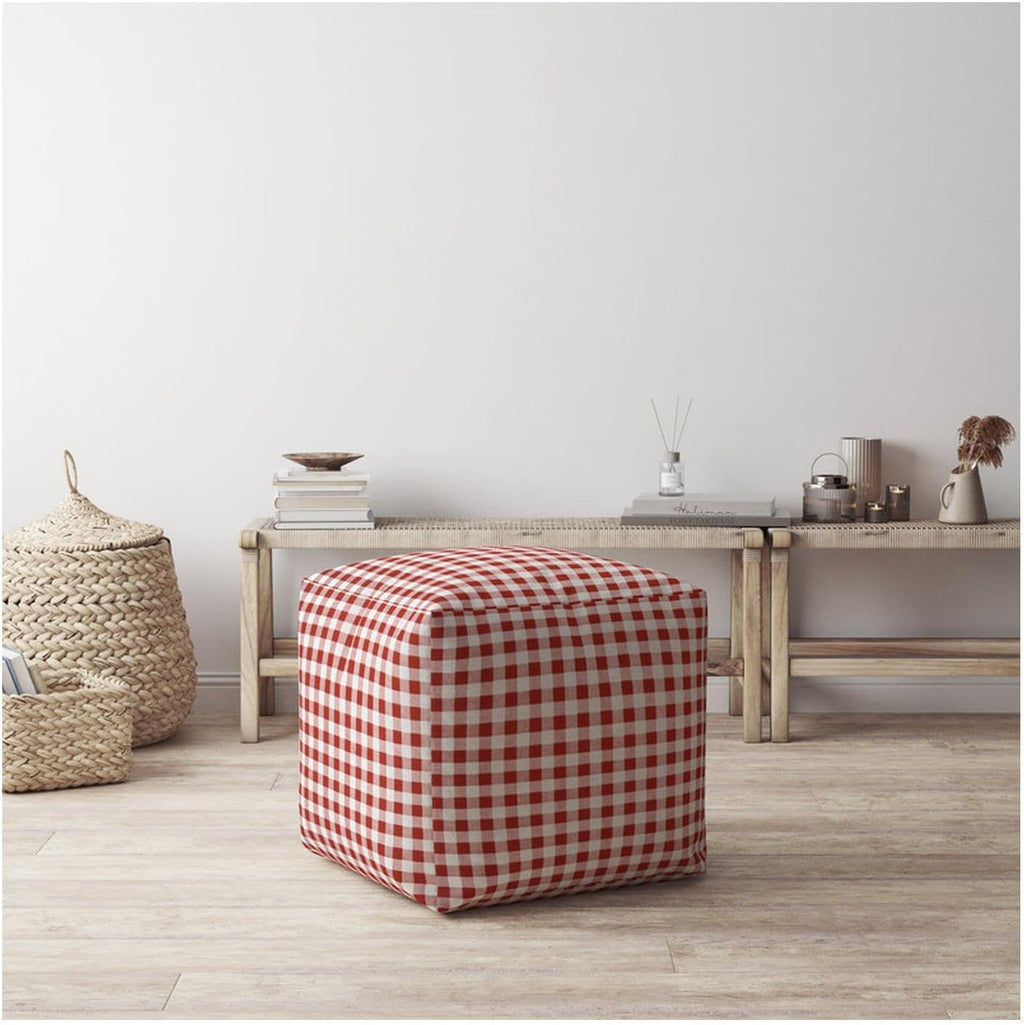 Red and White Cotton Gingham Pouf Ottoman Y1425