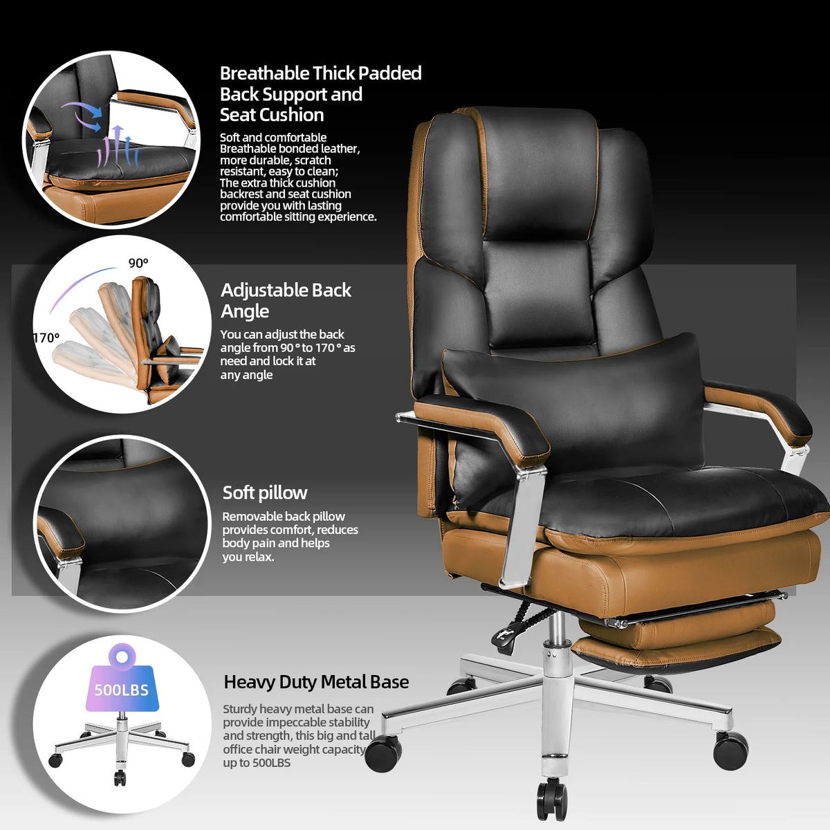 Big and Tall Black PU Leather Ergonomic Reclining Office Chair with Footrest F17416