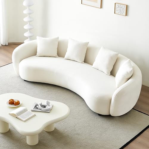 Curved Boucle Cream 4 Seater Sofa with 4 Throw Pillows I763977