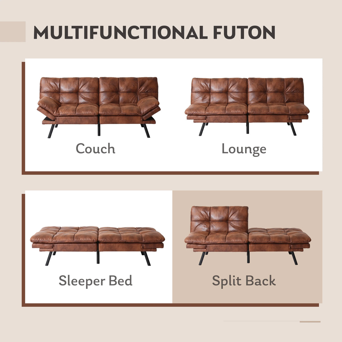 Brown Convertible Memory Foam Futon Sofa Bed O532