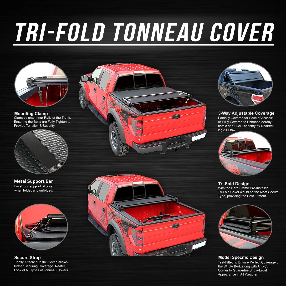 Adjustable Tri-Fold Soft Top Tonneau Cover D744