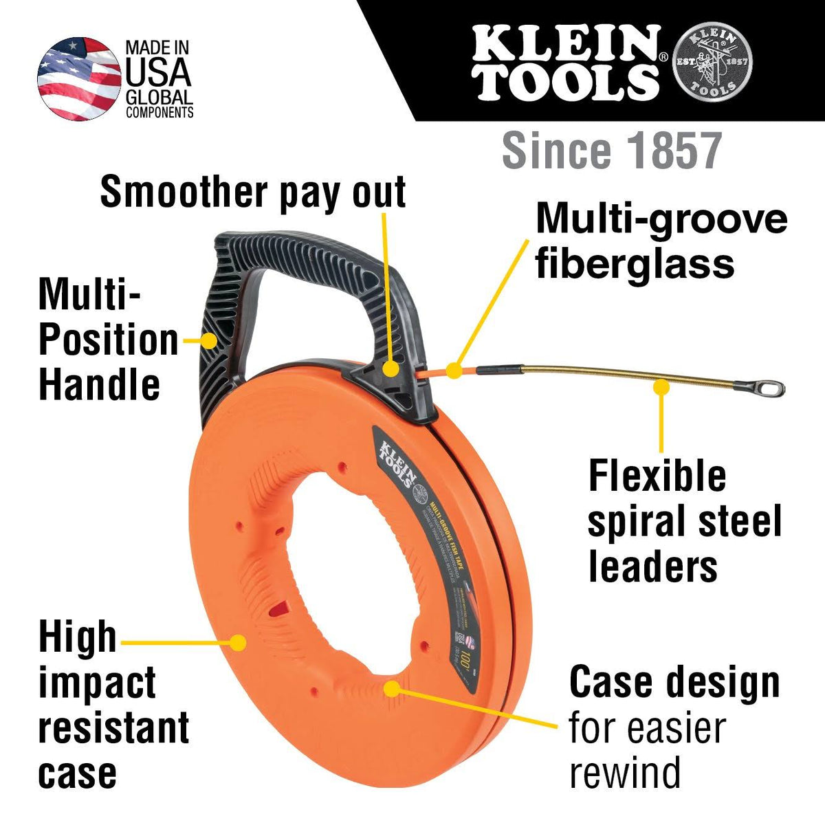 100 ft Multi-Groove Fiberglass Fish Tape with Spiral Steel Leader K555