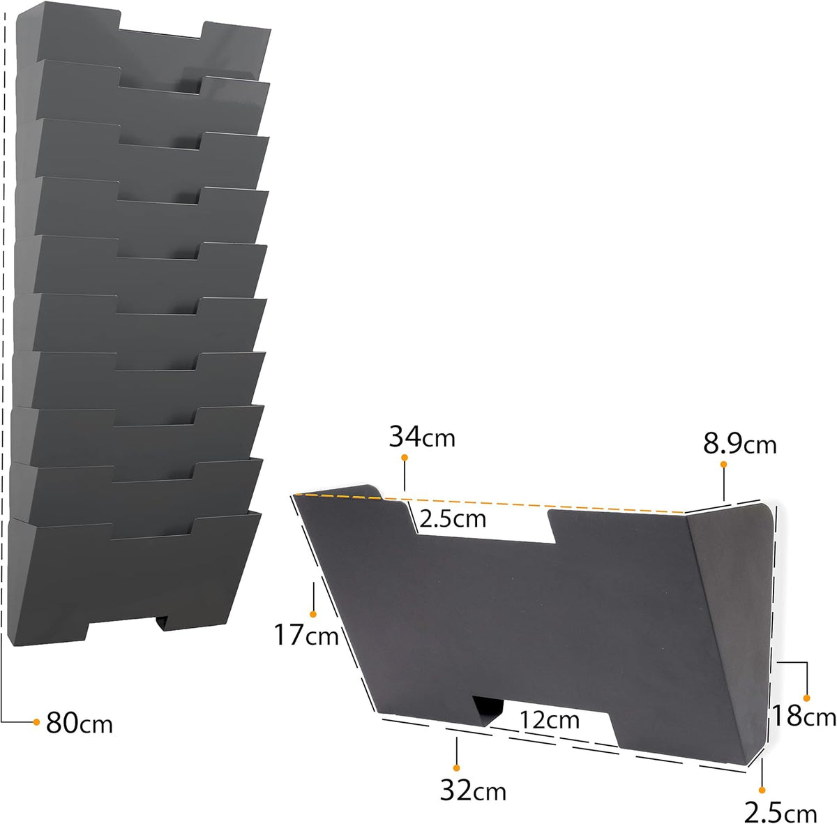 Gray Wall Mount Steel Vertical File Organizer 10 Sectional Pack of 2 O1213