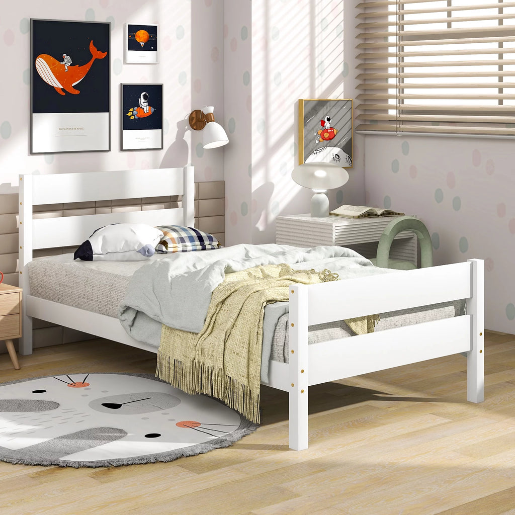 White Twin Wood Bed Frame with Headboard & Footboard Y41076