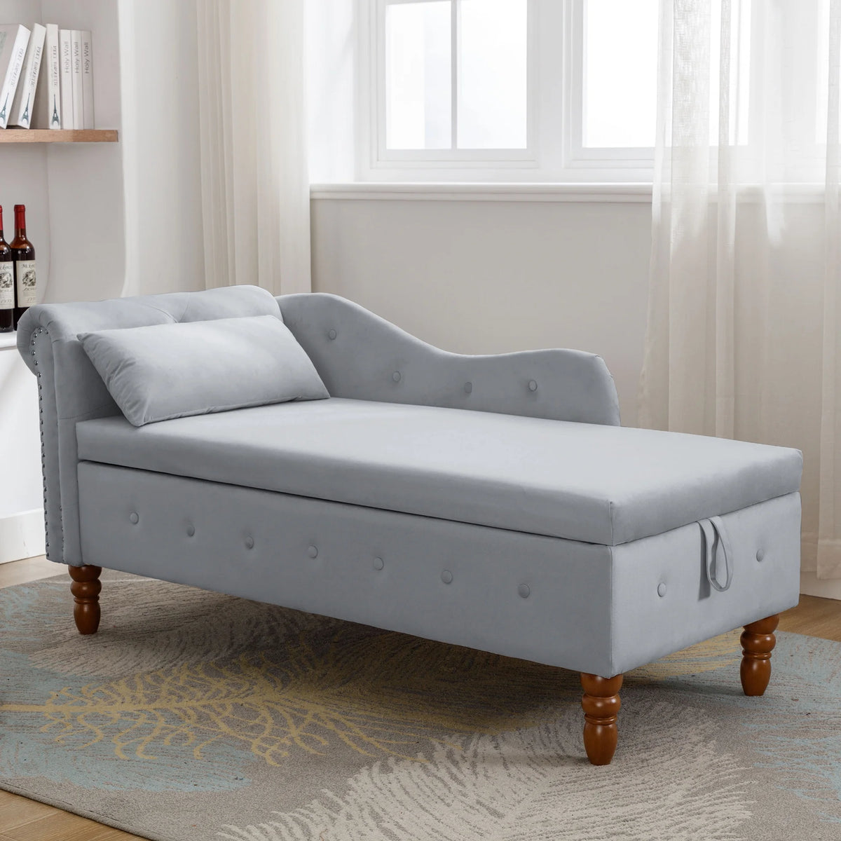Grey Velvet Chaise Lounge with Storage & Pillow A114741
