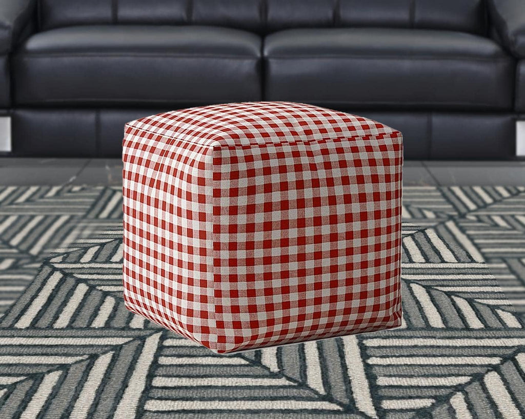 Red and White Cotton Gingham Pouf Ottoman Y1425
