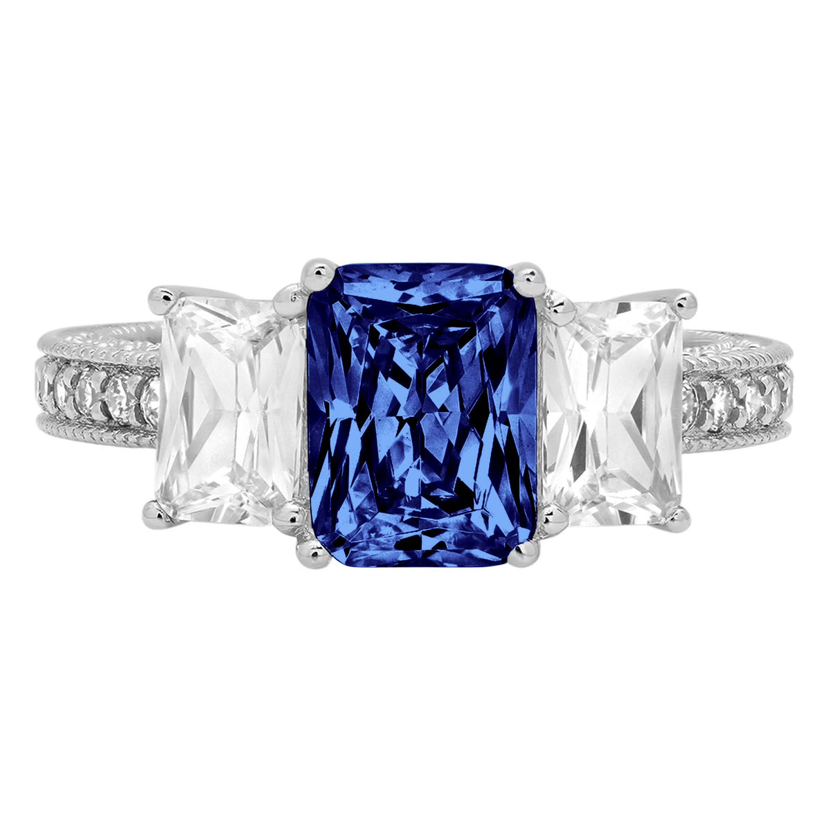 18k White Gold Three-Stone Ring with Blue Simulated Tanzanite A637