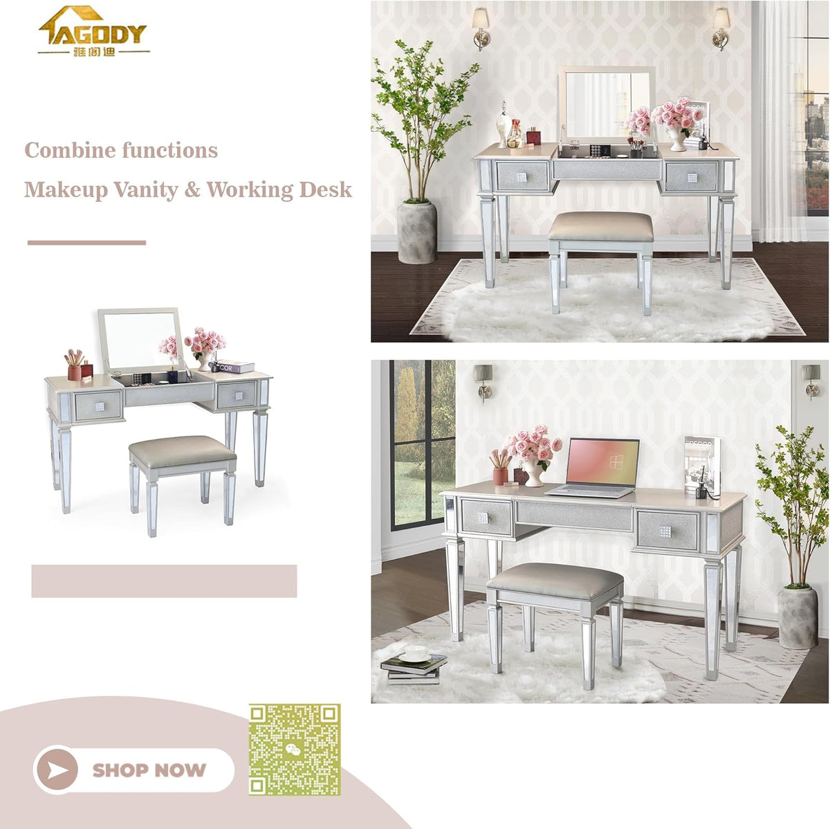 Mirrored Vanity Desk with Drawers and Stool A46472