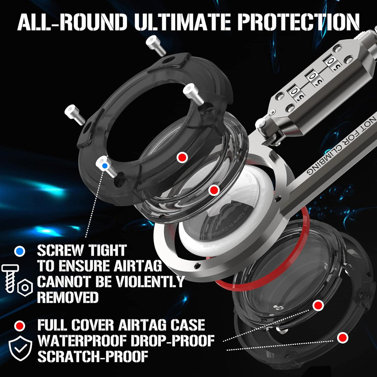 Airtag Holder with 3-Digit Combination Lock and Metal Carabiner V85235