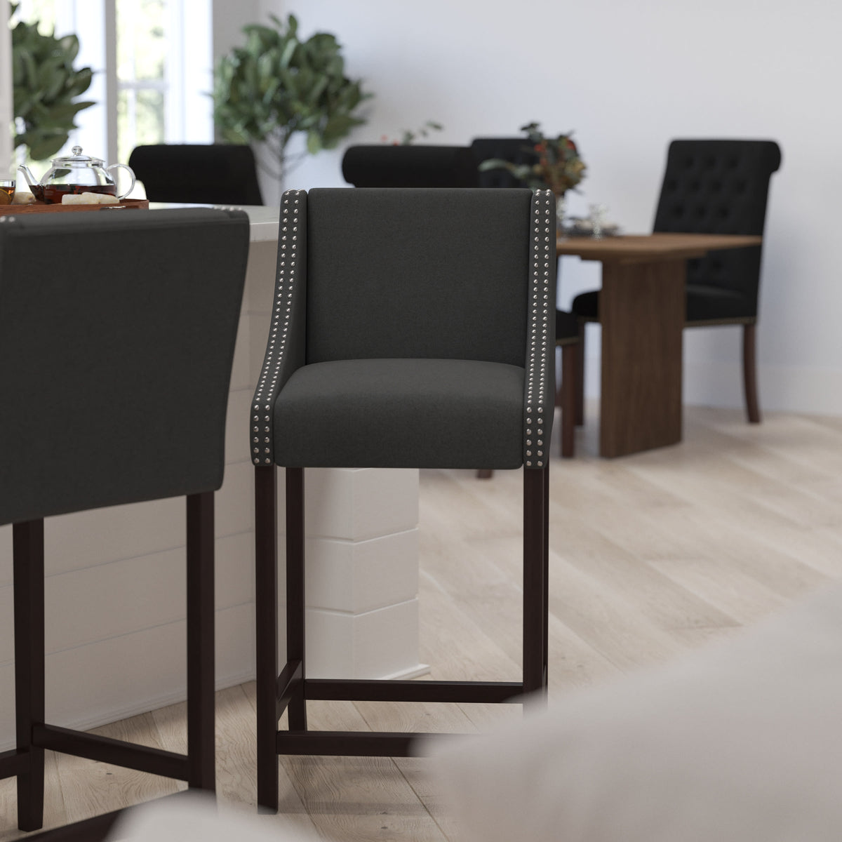 Charcoal Fabric Bar Height Stool with Nailhead Trim Z573