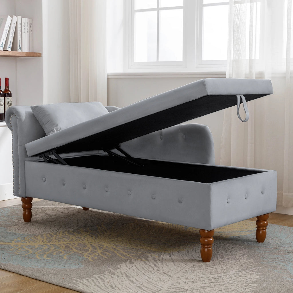Grey Velvet Chaise Lounge with Storage & Pillow A114741