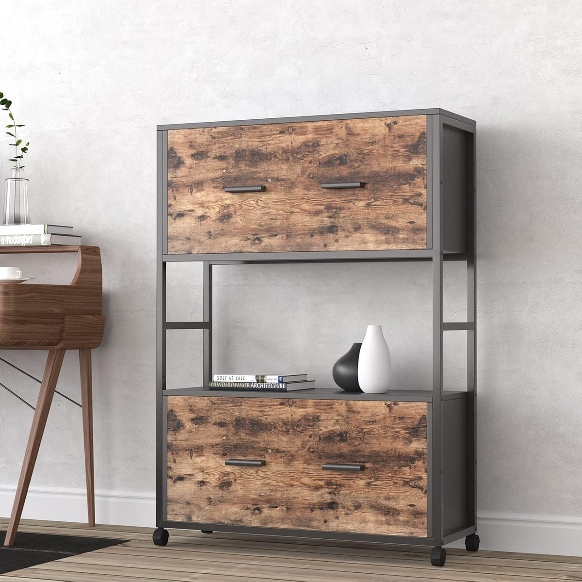 2 Drawer File Cabinet with Bookshelf, Rustic Brown D338186