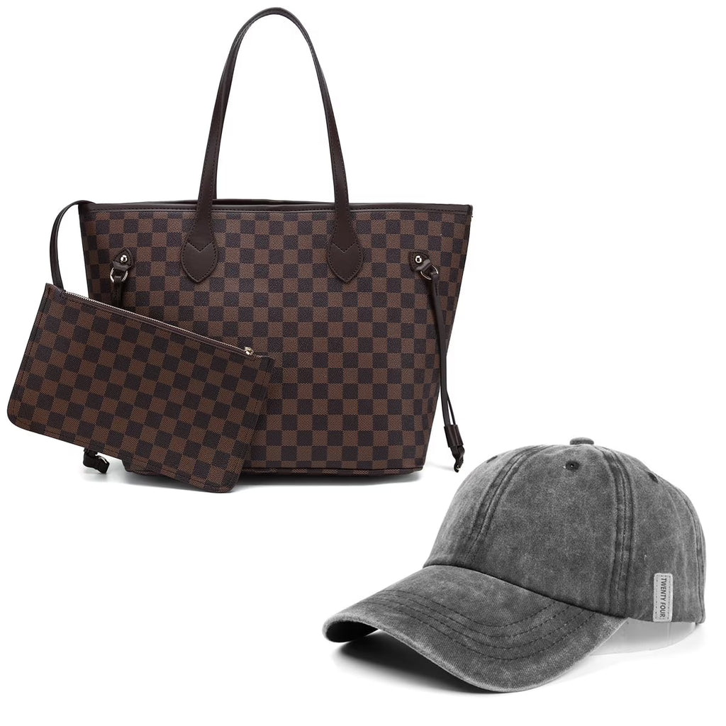 Checkered Tote Shoulder Bag Set with Wristlet Clutch N64541