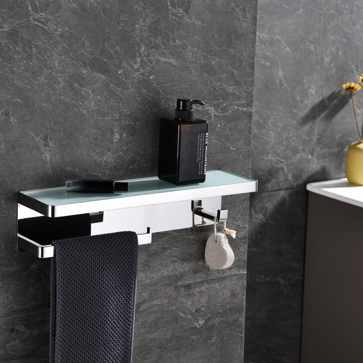 White Glass Shelf with Towel Bar & Robe Hook K48065