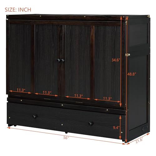 Espresso Wood Queen Size Murphy Bed with Drawers B725