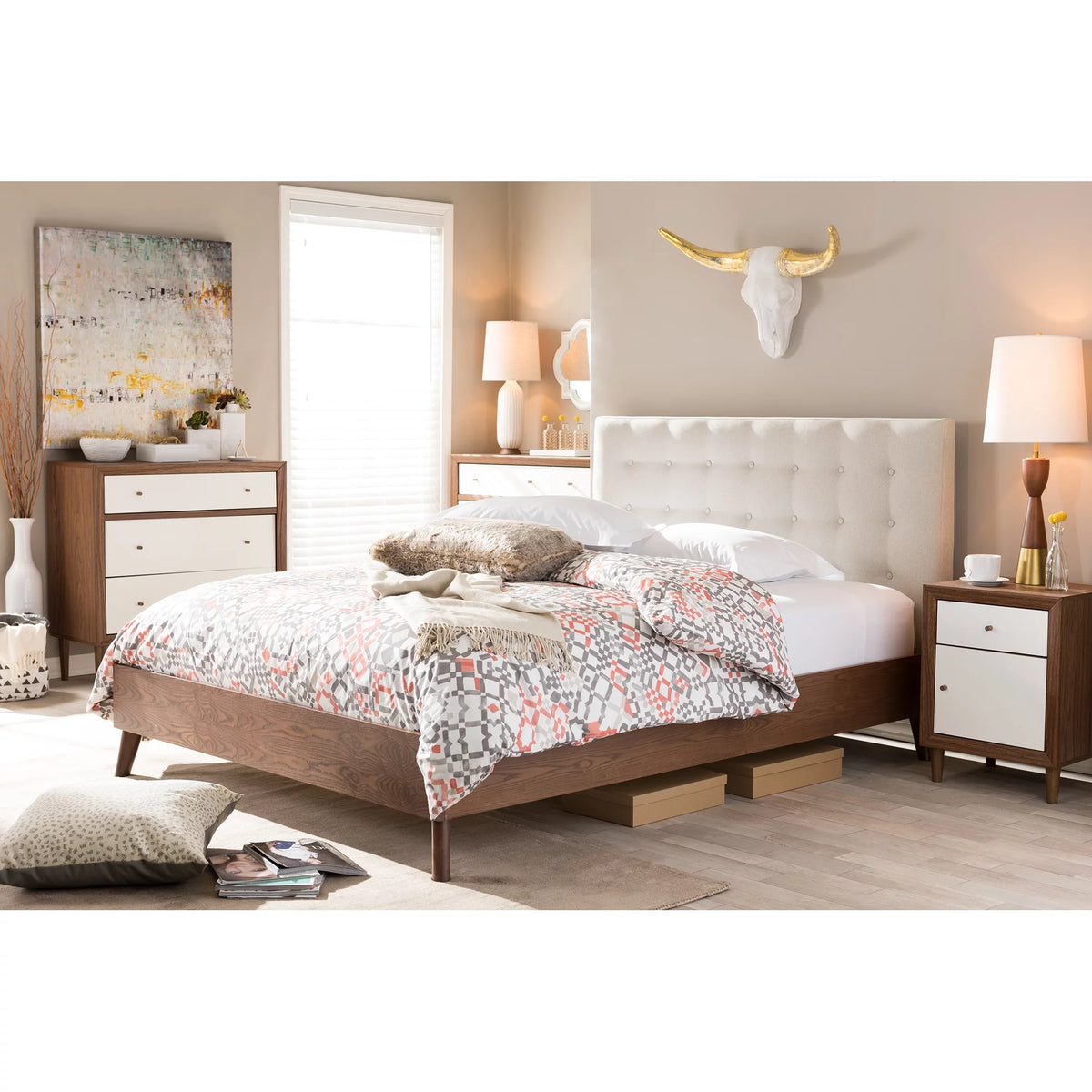 Mid-century Modern Fabric Upholstered Walnut Wood Platform Bed M175