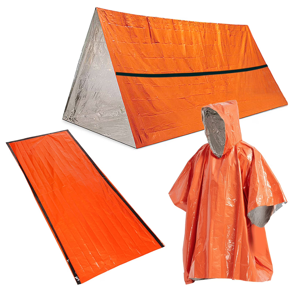 Hiking Emergency Kit Waterproof Heat Reflective Poncho Raincoat with Sleeping Bag and Tent Shelter R553747