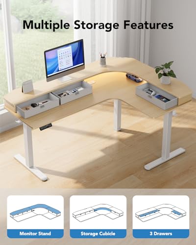 65″ L-Shaped Electric Height Adjustable Standing Desk with 3 Drawers P77542