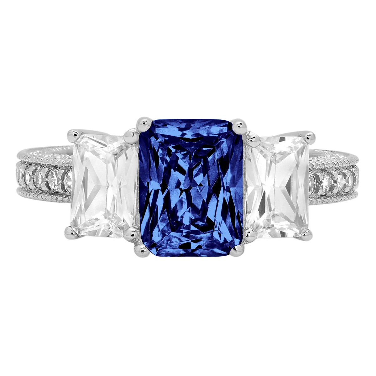 18k White Gold Three-Stone Ring with Blue Simulated Tanzanite A637