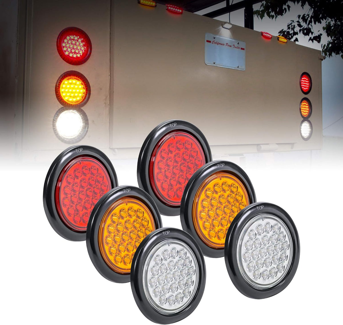 2 Red 2 Amber 2 White 4" Round LED Trailer Tail Light Kit O746277