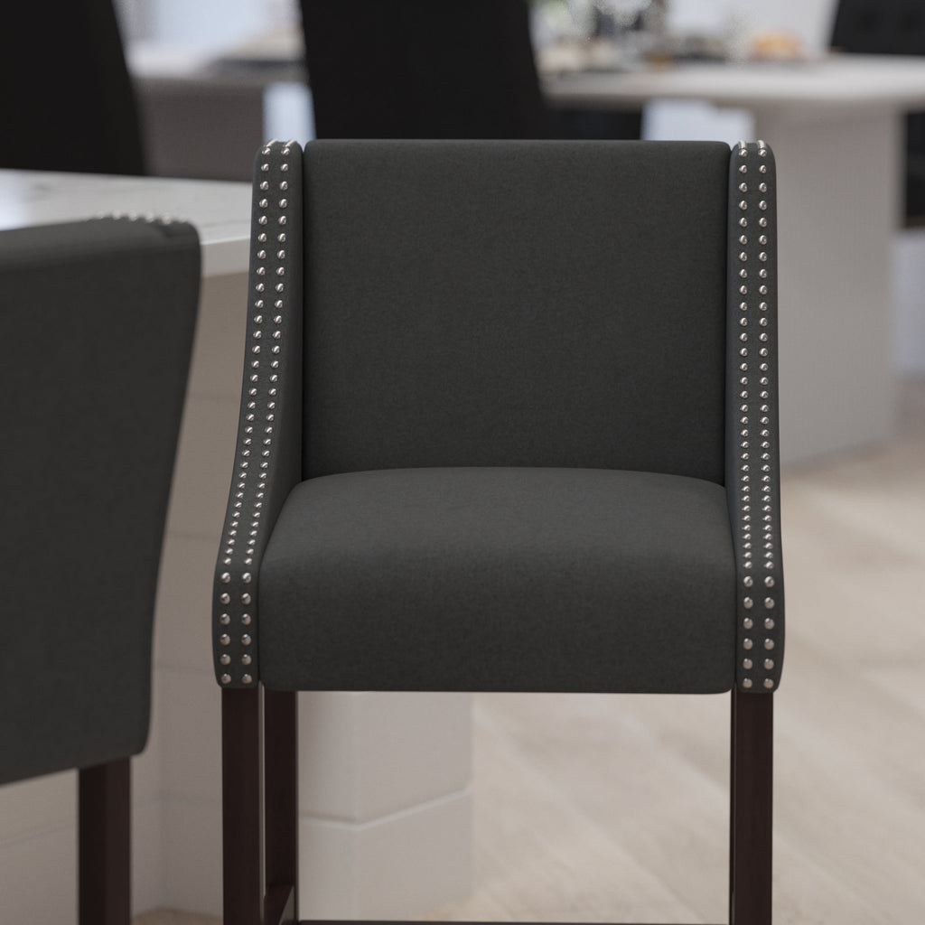 Charcoal Fabric Bar Height Stool with Nailhead Trim Z573