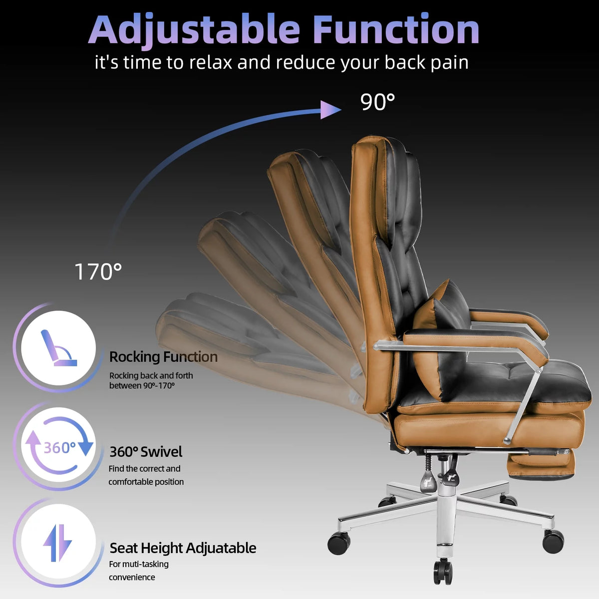 Big and Tall Black PU Leather Ergonomic Reclining Office Chair with Footrest F17416