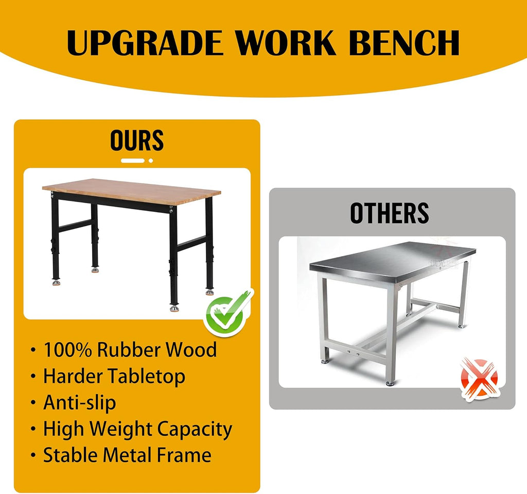 48 Heavy-Duty Adjustable Workbench Rubber Wood Shop Table C55126
