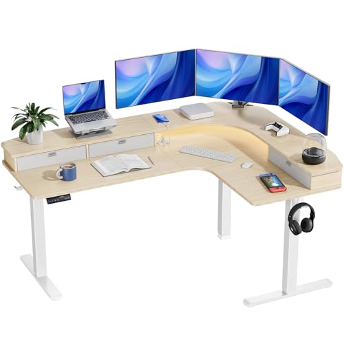65″ L-Shaped Electric Height Adjustable Standing Desk with 3 Drawers P77542