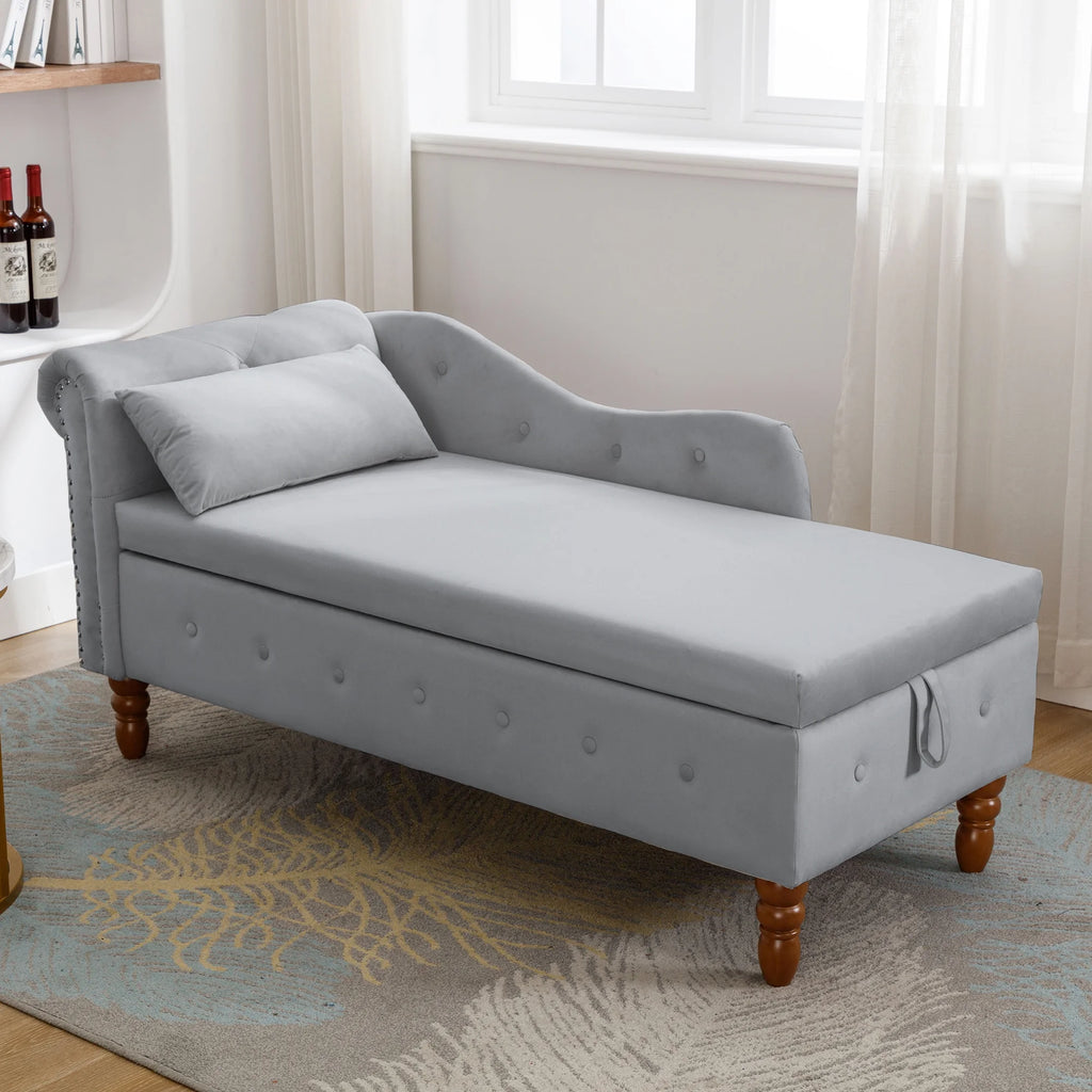 Grey Velvet Chaise Lounge with Storage & Pillow A114741