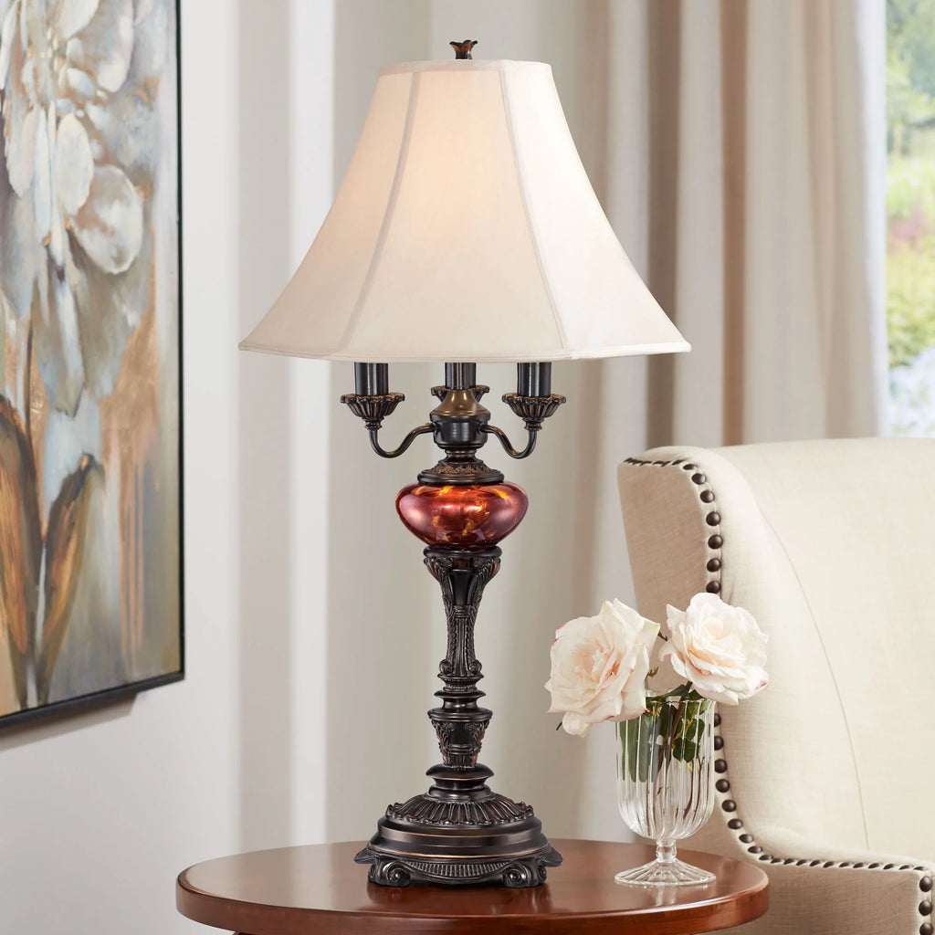Traditional Table Lamp 34" Tall English Bronze Tortoise Shell Glass Off White Bell Shade L712243