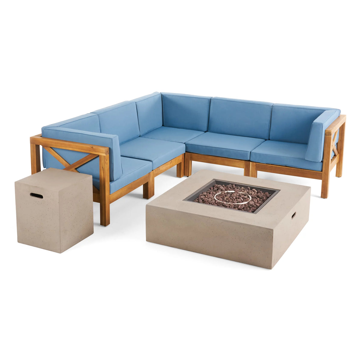 7 Piece Acacia Wood Sectional Sofa Set with Cushions and Fire Pit C822648