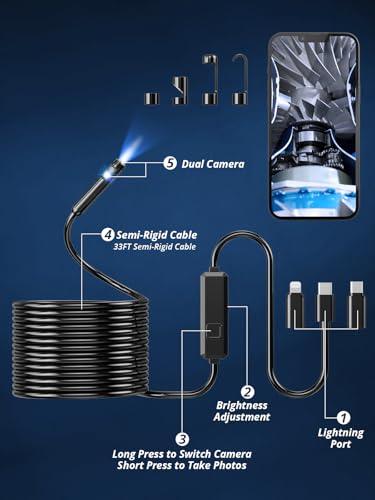 16.4ft Dual-Lens 1920P HD Waterproof Borescope with 8 Adjustable LED Lights T928