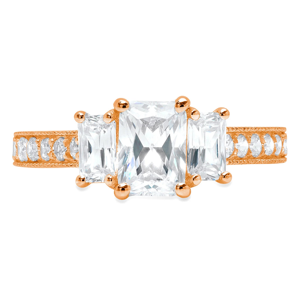 Emerald Cut Natural Diamond VS1-VS2 G-H 18K Rose Gold Three-Stone Engagement Ring N737